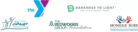 Logos for the YMCA, Darkness to Light, American Camp Association, The Redwoods Group Foundation, and Monique Burr Foundation for Children