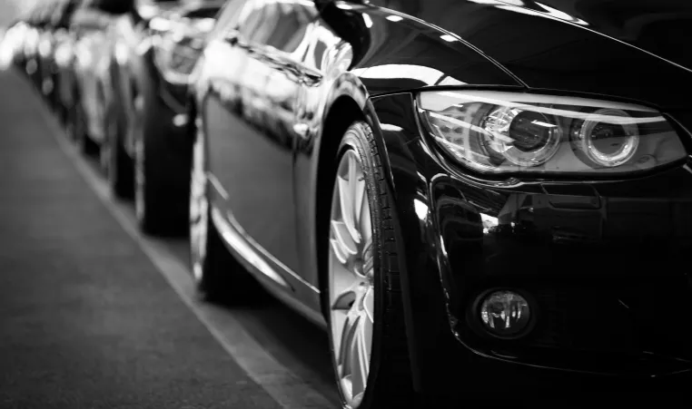 Black and White photo of cars parked in a line