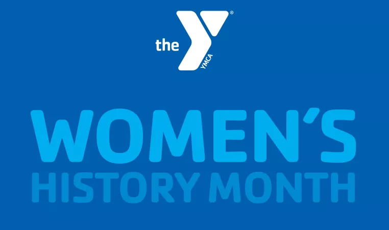 Blue background with lighter blue text "Women's History Month" and the Y logo in white at the top