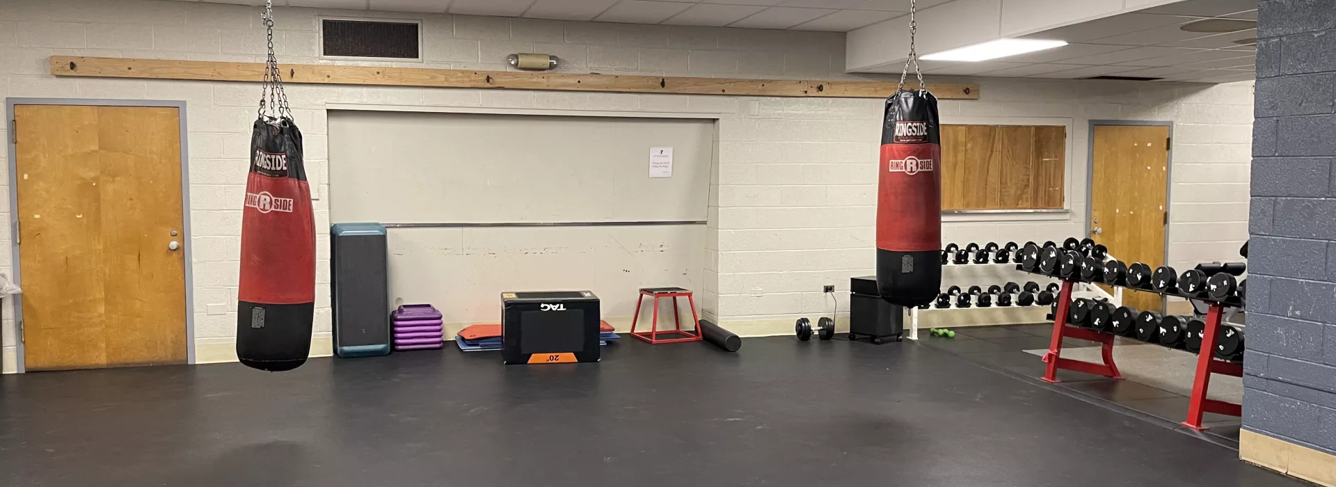 Two boxing bags hang in a fitness studio