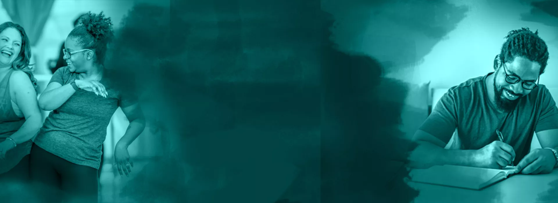 Collage of photos featuring two women dancing and a man writing on a green background