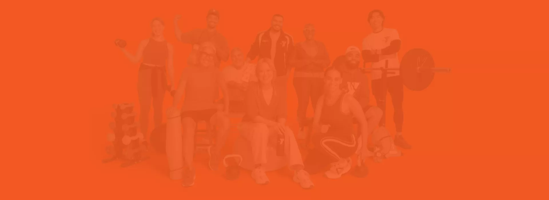 orange banner with translucent image of a diverse group of people doing a variety of wellness activities
