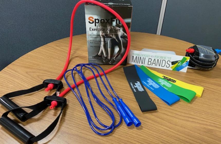 At-Home Workout Kit items displayed on a table